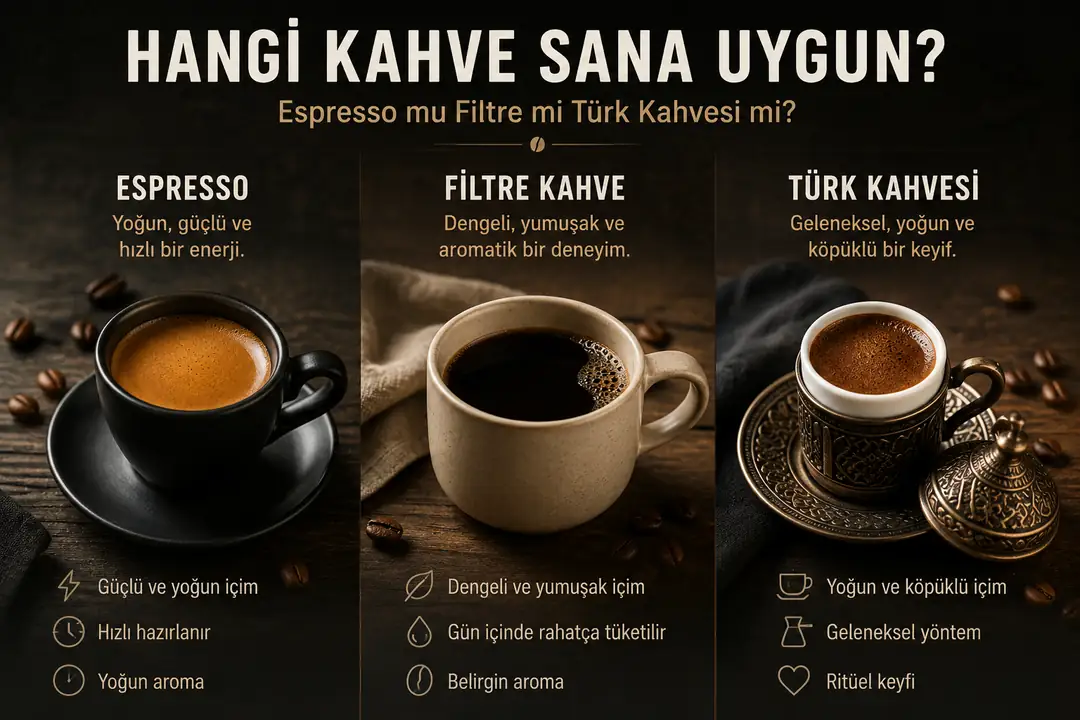 Espresso filtre kahve ve Türk kahvesi karşılaştırması kahve seçimi rehberi