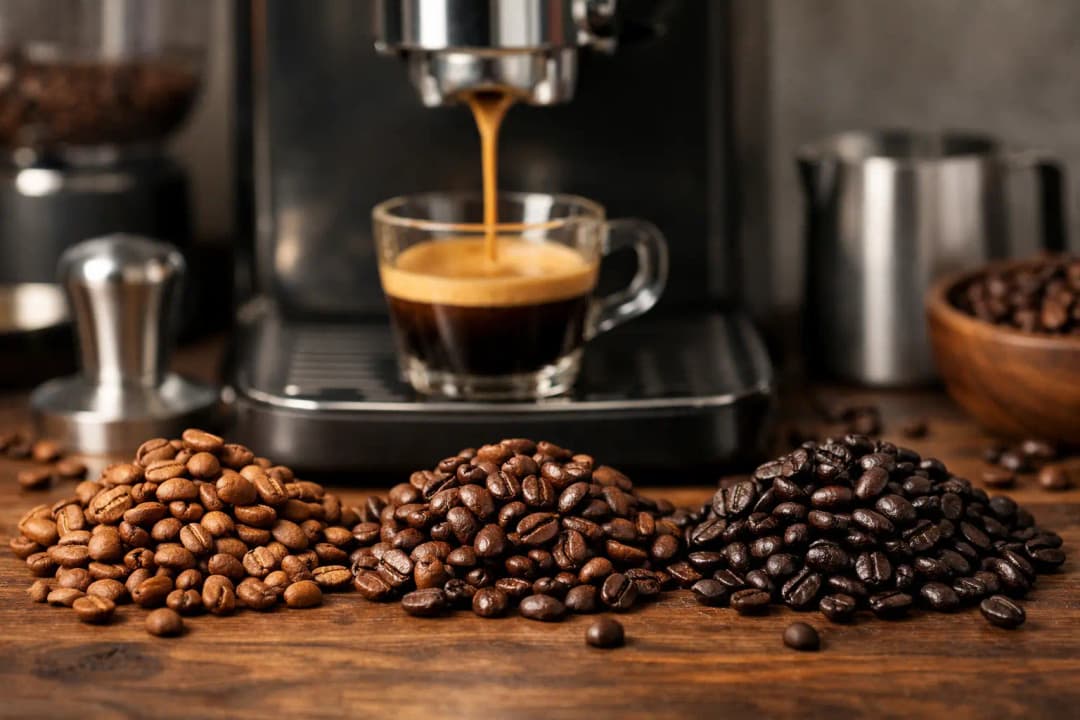 Espresso makinesi yanında orta-koyu kavrulmuş kahve çekirdekleri ve hazırlanmış espresso shot