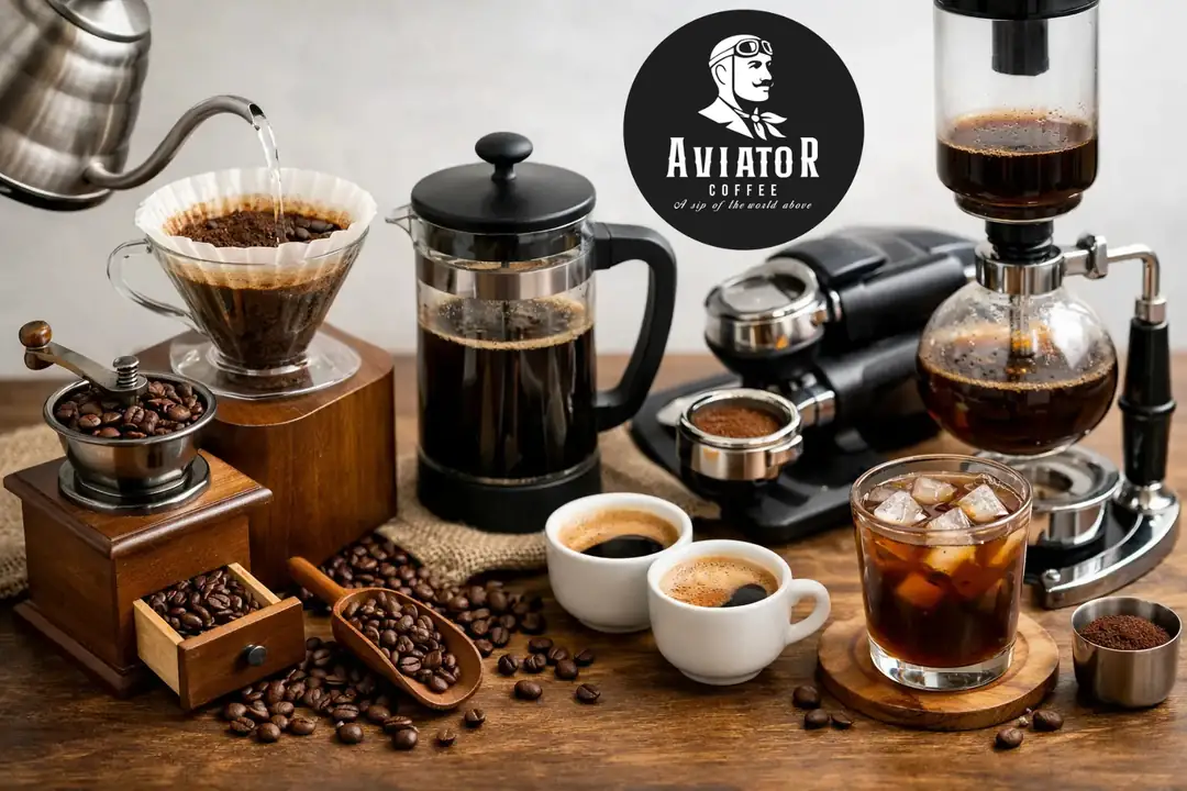 Filtre kahve, espresso, French press ve Türk kahvesi için farklı demleme ekipmanları ve kahve çekirdekleri