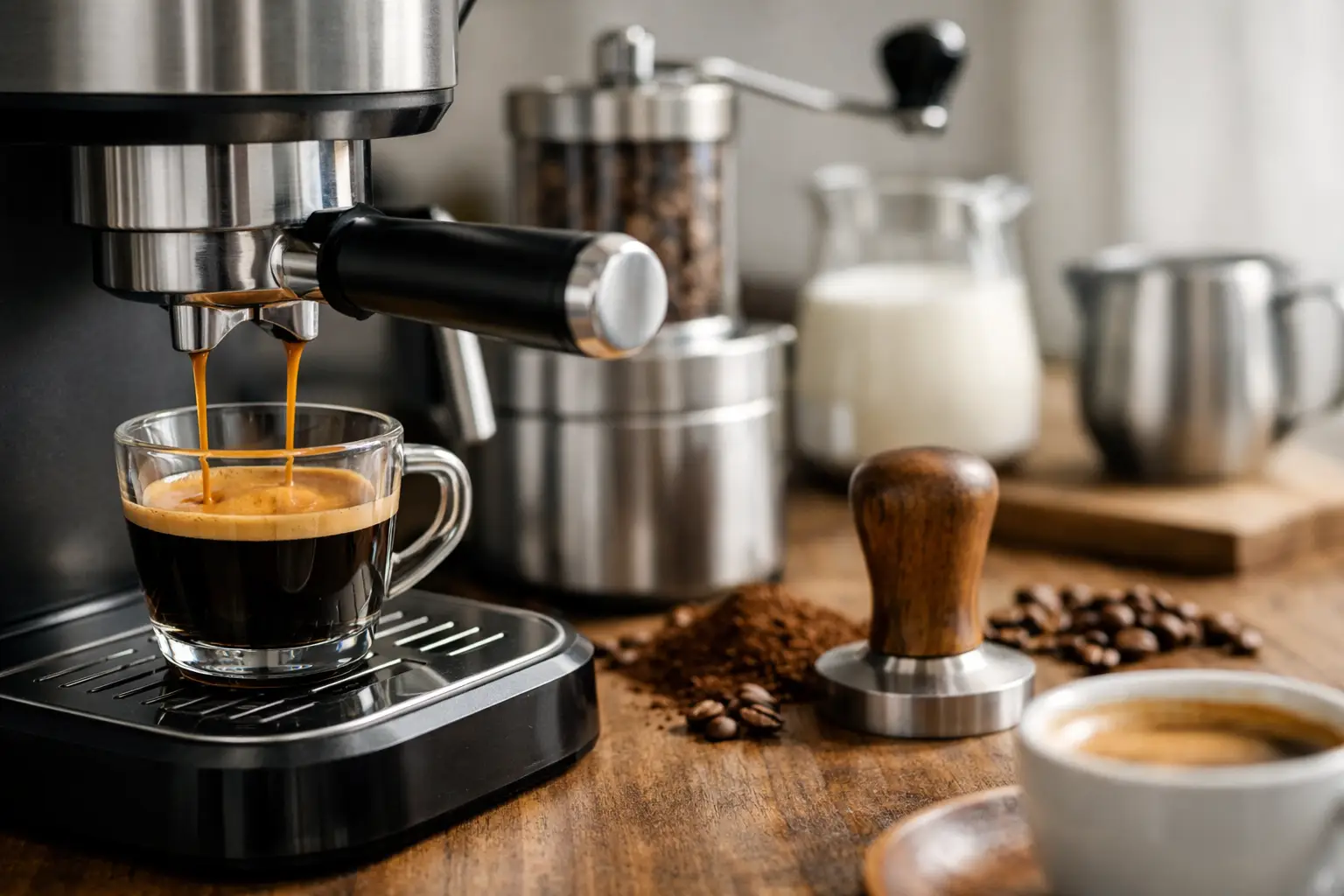 Evde espresso hazırlama sürecini gösteren espresso makinesi, portafiltre, kahve çekirdekleri ve taze espresso shot içeren premium kahve görseli.