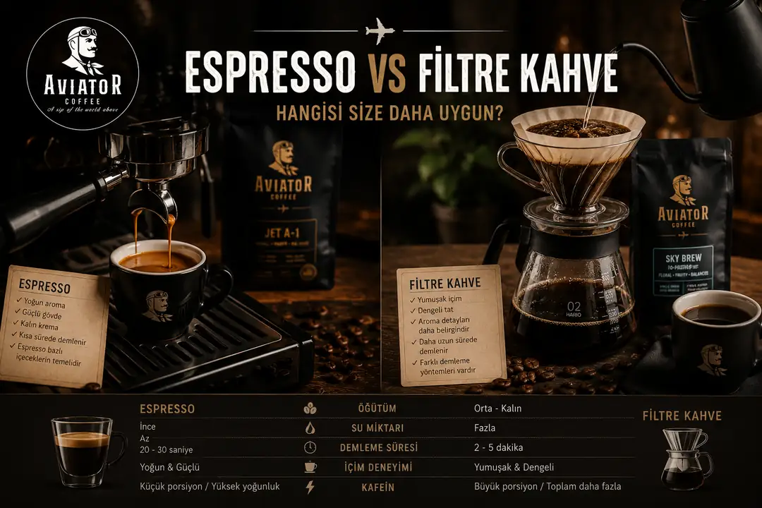 Espresso ve filtre kahve arasındaki farklar nelerdir? Demleme yöntemleri, aroma yapısı ve kahve deneyimi hakkında detaylı rehber.