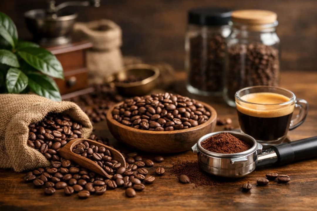Premium kahve çekirdekleri, valfli kahve paketi ve farklı demleme yöntemleri için seçilmiş taze kavrulmuş kahve