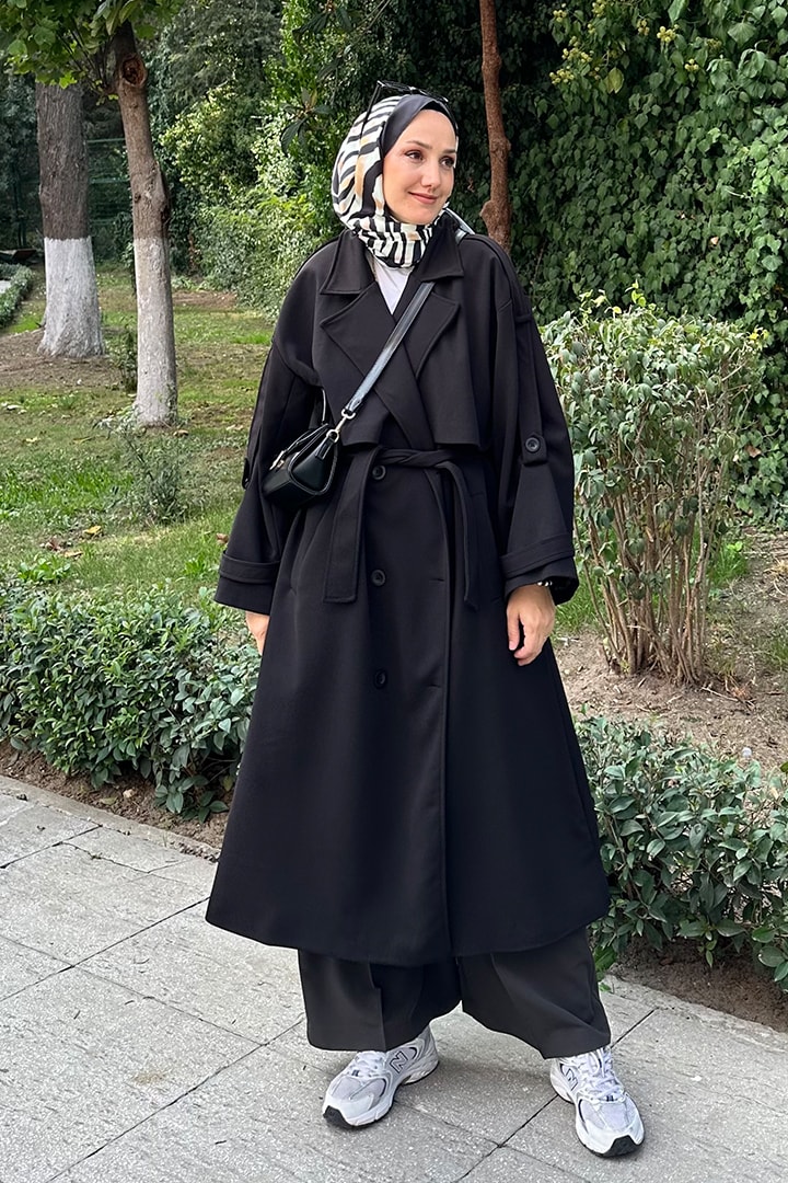 Rüzgarlıklı Uzunboy Trençkot - Siyah