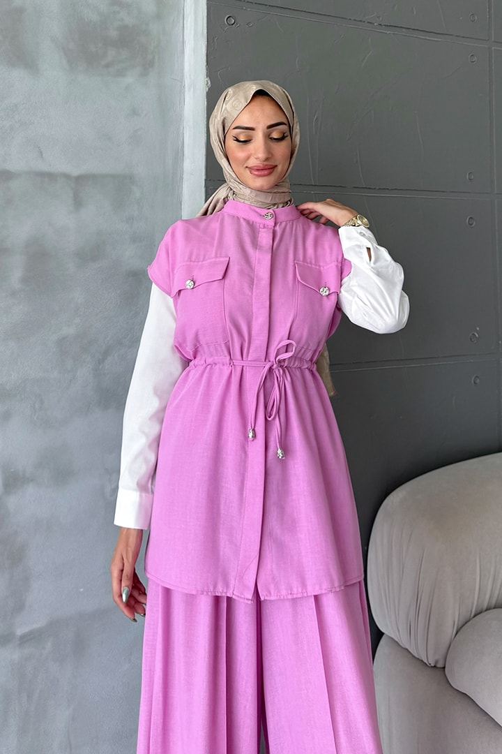 Yelekli Keten 3lü Takım