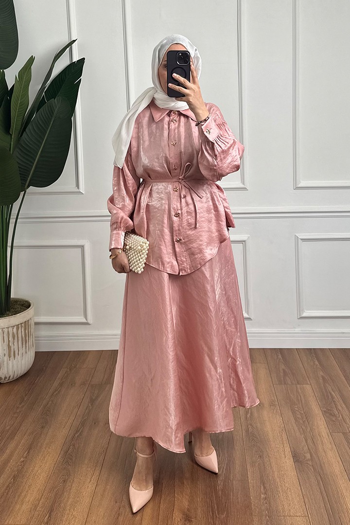Parlak Modal Etekli Takım - Pembe