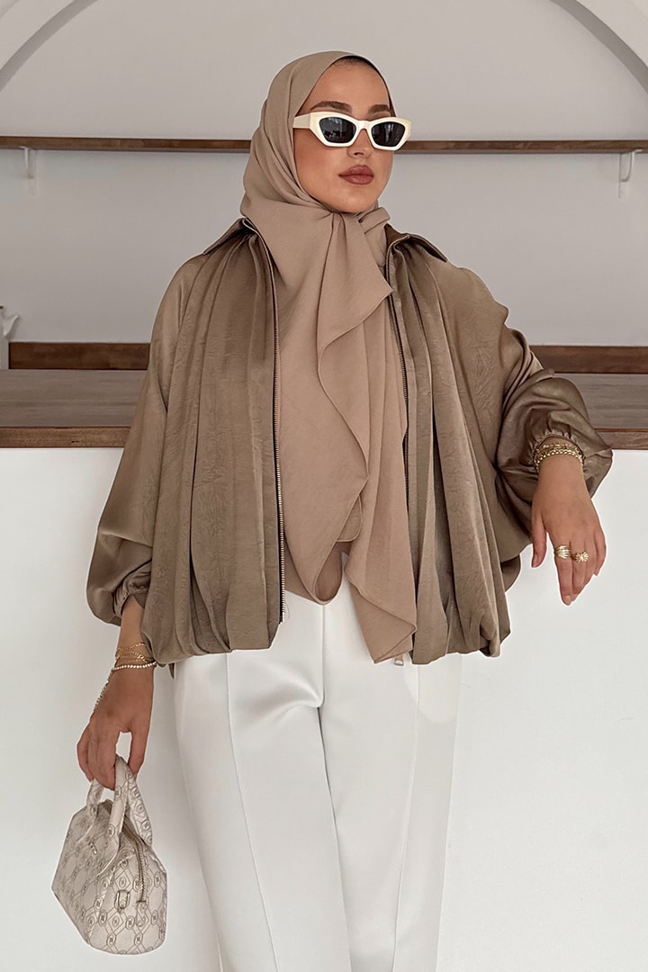 Zra Saten Bomber Ceket - Vizon