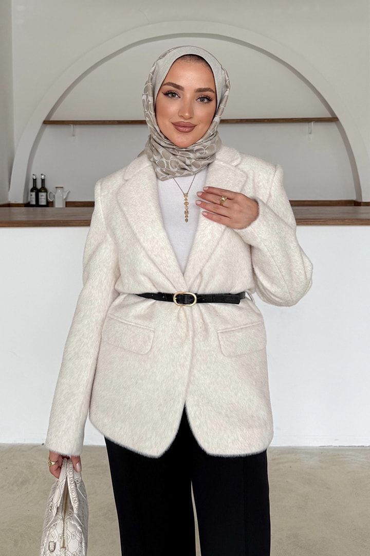 Alpaka Kemerli Ceket - Taş