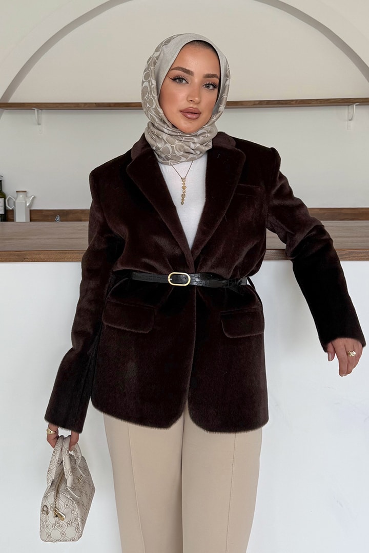 Alpaka Kemerli Ceket - Acı Kahve