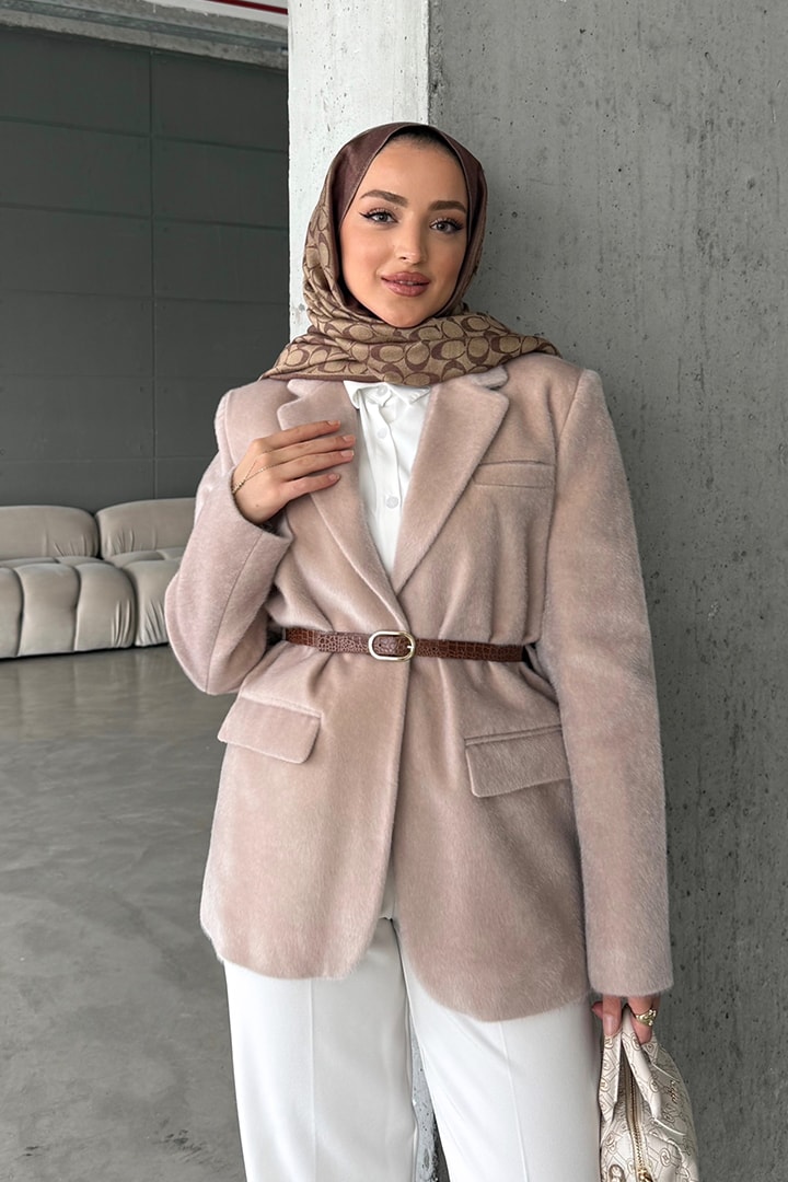 Alpaka Kemerli Ceket - Vizon