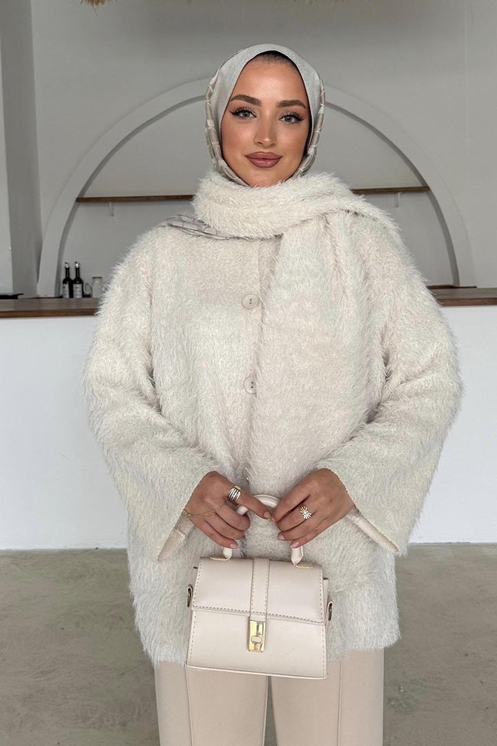 Atkılı Kürk Ceket - Taş