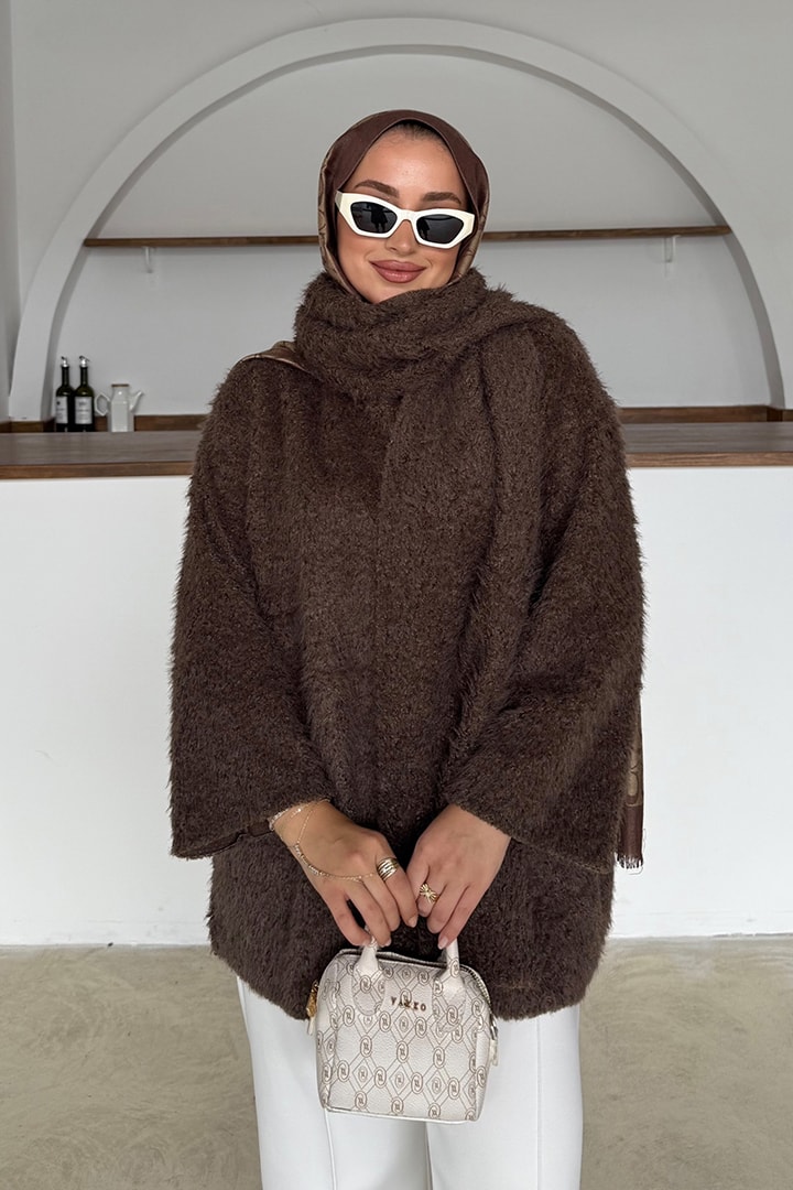 Atkılı Kürk Ceket - Acı Kahve