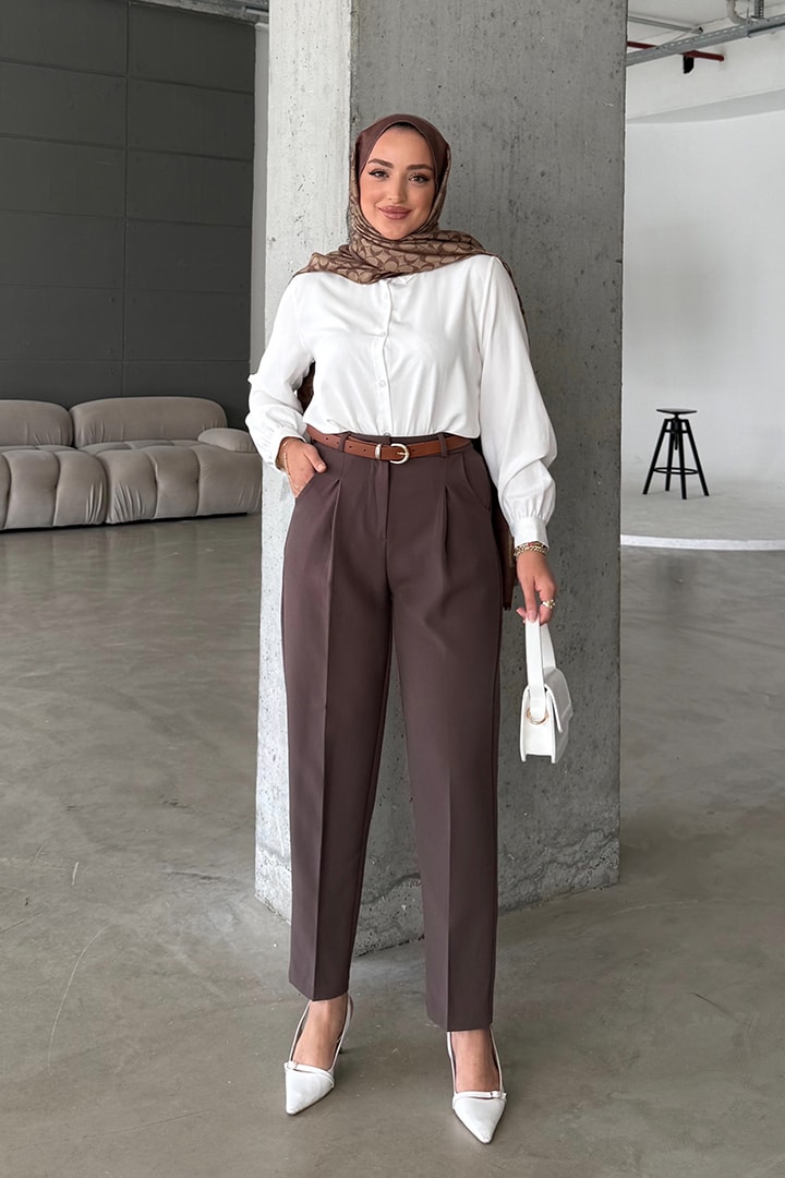 Mary Kemerli Kalem Pantolon - Kahverengi