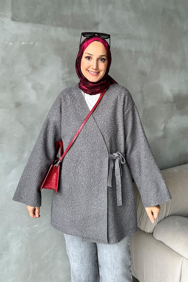 Bel Bağlamalı Buklet Kap - Koyu Gri