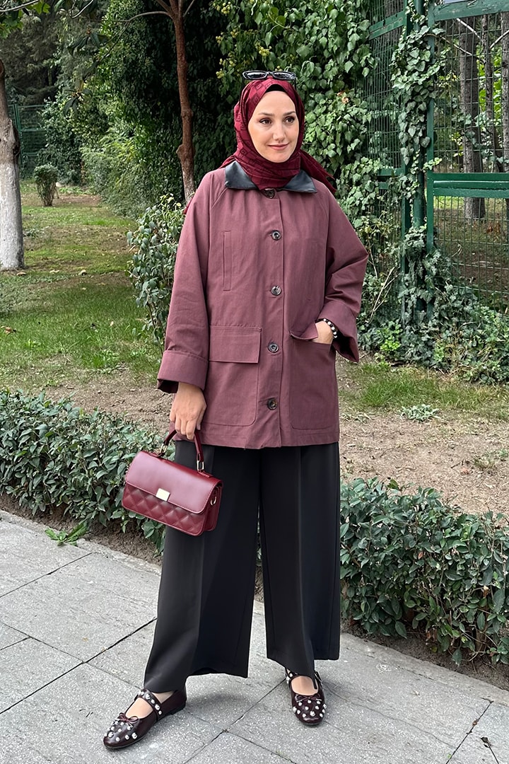 Deri Yaka Detaylı Bondit Trenç