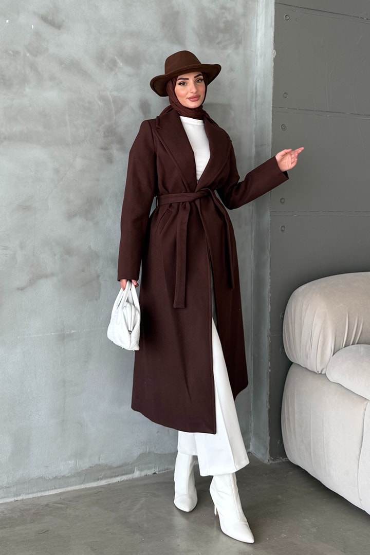 Düz Kapama Kaşe Kaban - Acı Kahve