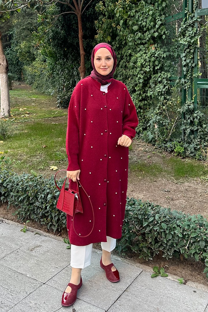 Yumoş Taşlı Hırka - Bordo