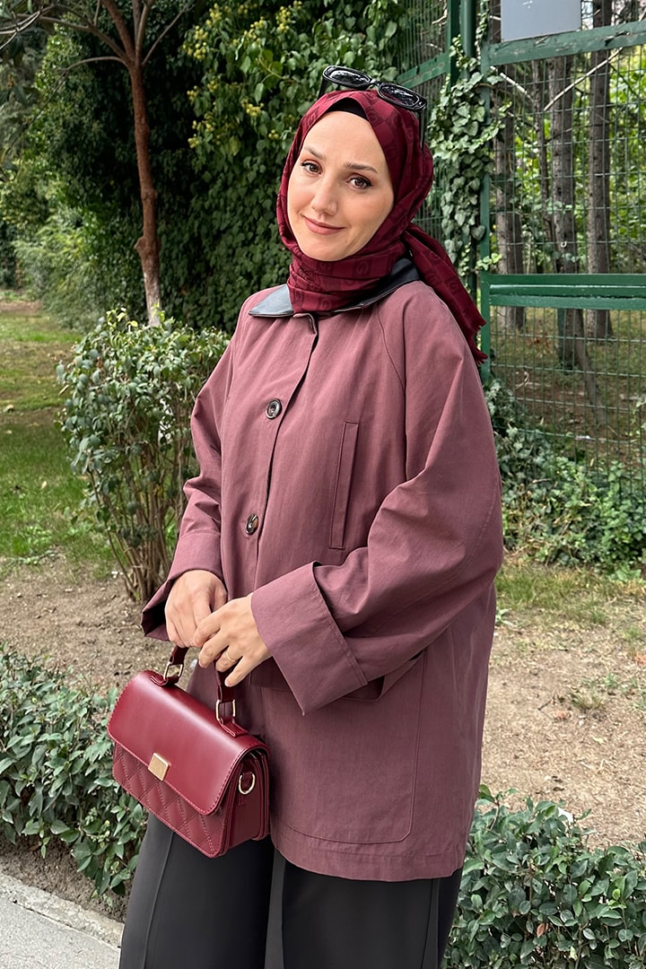 Deri Yaka Detaylı Bondit Trenç