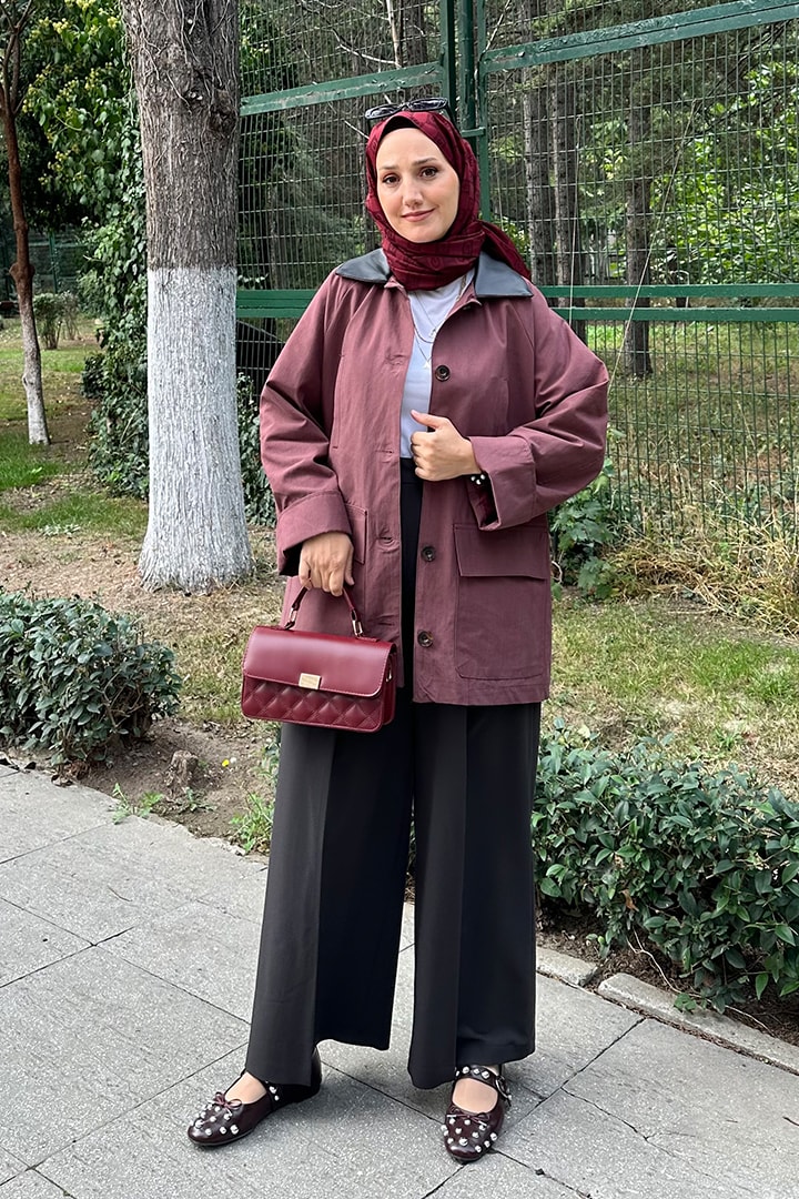 Deri Yaka Detaylı Bondit Trenç