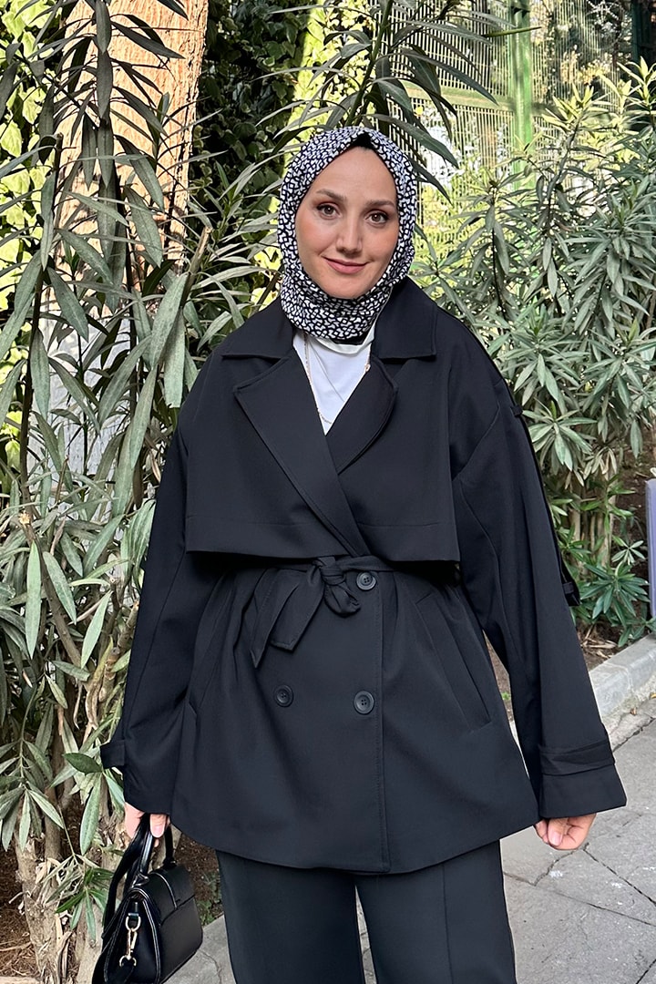 Premium Apoletli Araboy Trençkot - Siyah