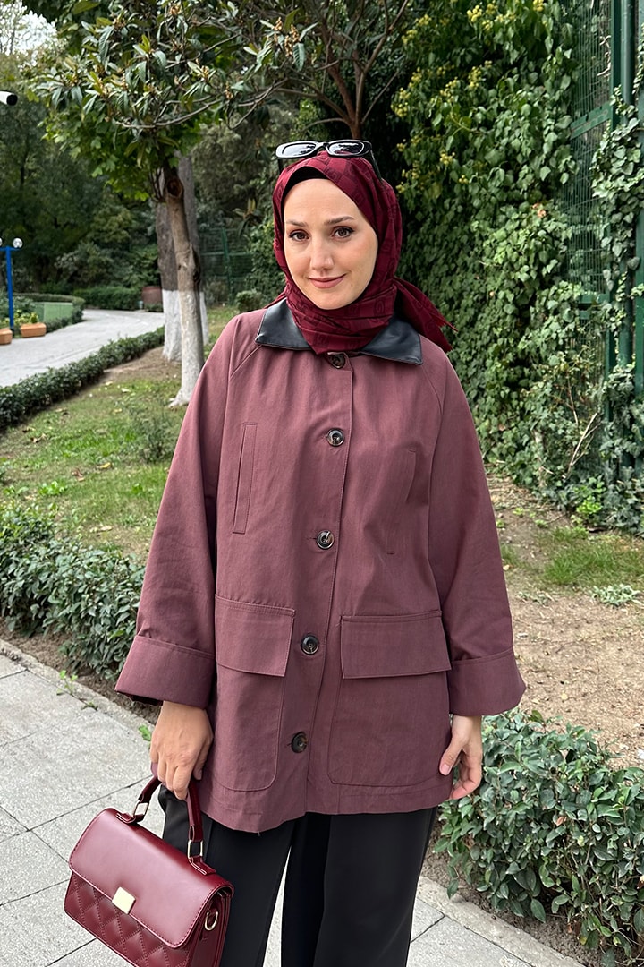 Deri Yaka Detaylı Bondit Trenç