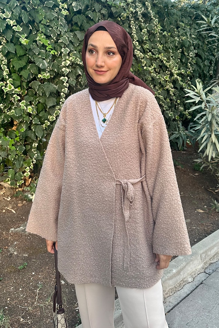 Bel Bağlamalı Buklet Kap - Vizon