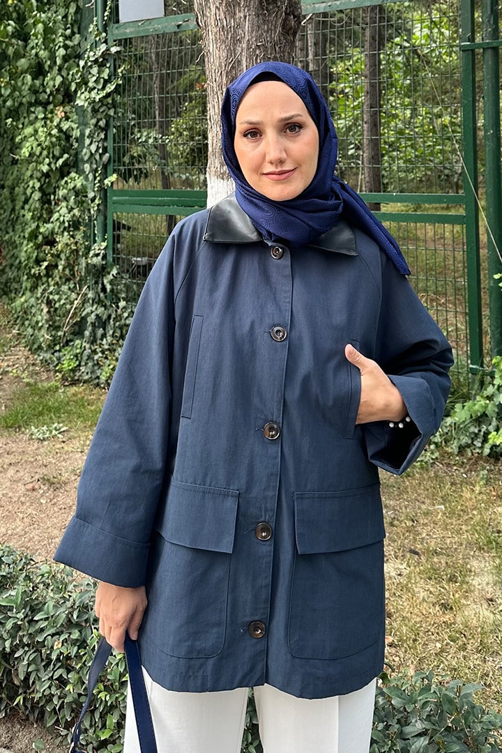 Deri Yaka Detaylı Bondit Trenç - Lacivert