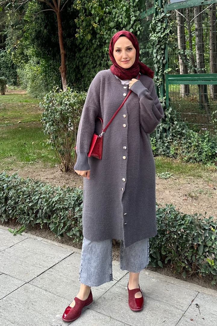 Yumoş Düğmeli Hırka - Antrasit