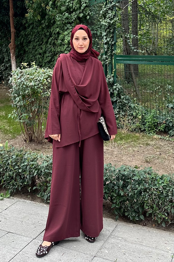 Şal Detaylı Poliviskon Takım - Bordo