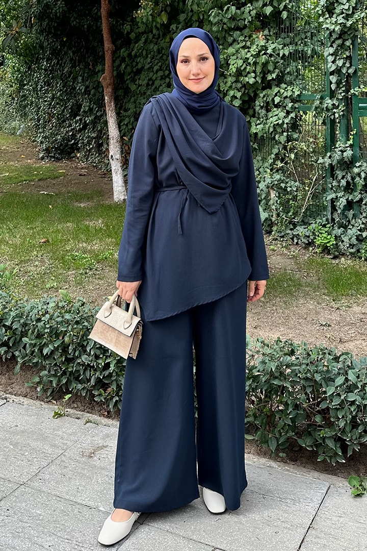 Şal Detaylı Poliviskon Takım - Lacivert