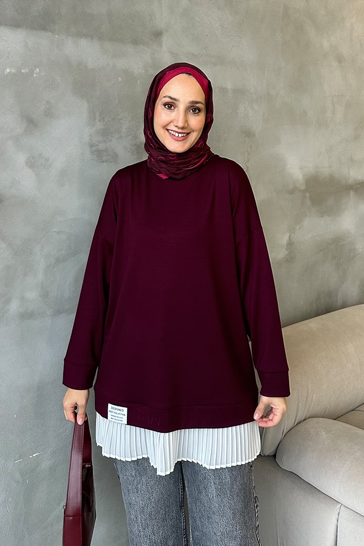 Plise Detaylı Oysho Sweat - Bordo