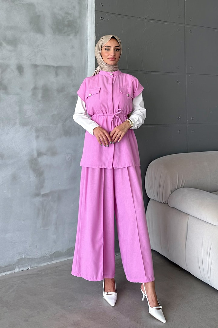 Yelekli Keten 3lü Takım