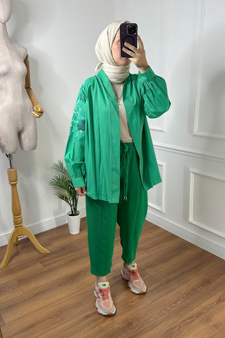 Nakış Detaylı Kimono Ceket - Benetton Yeşil