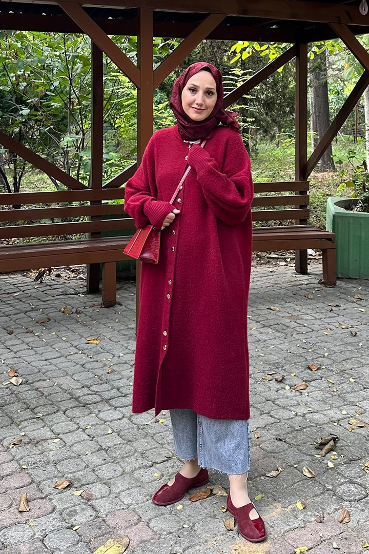 Yumoş Düğmeli Hırka - Bordo