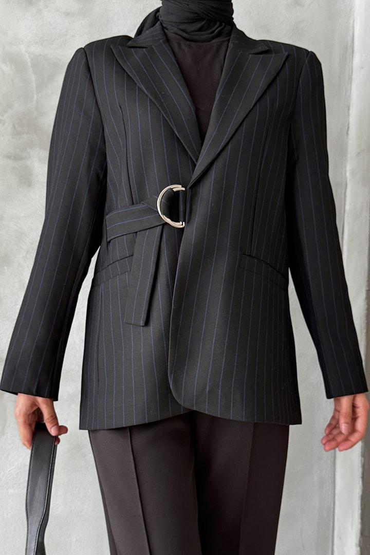 Bağcıklı Ceket Siyah-Mavi