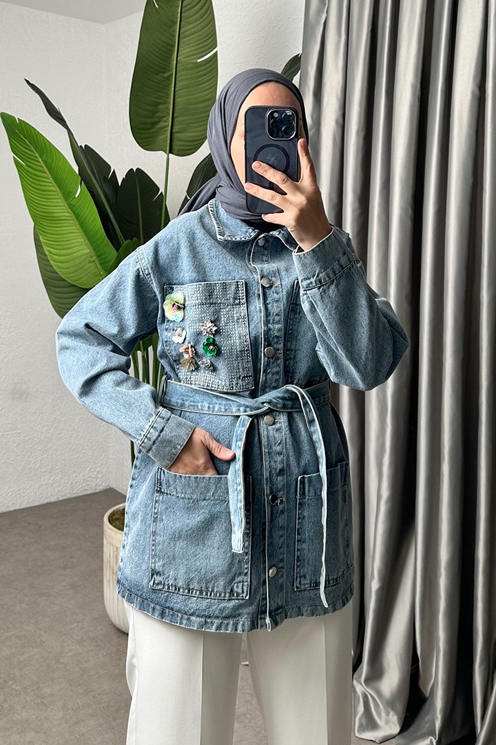 Taş İşlemeli Denim Ceket