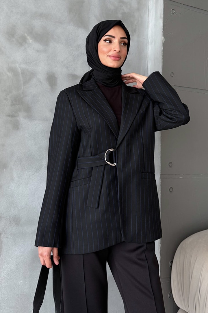 Bağcıklı Ceket Siyah-Mavi