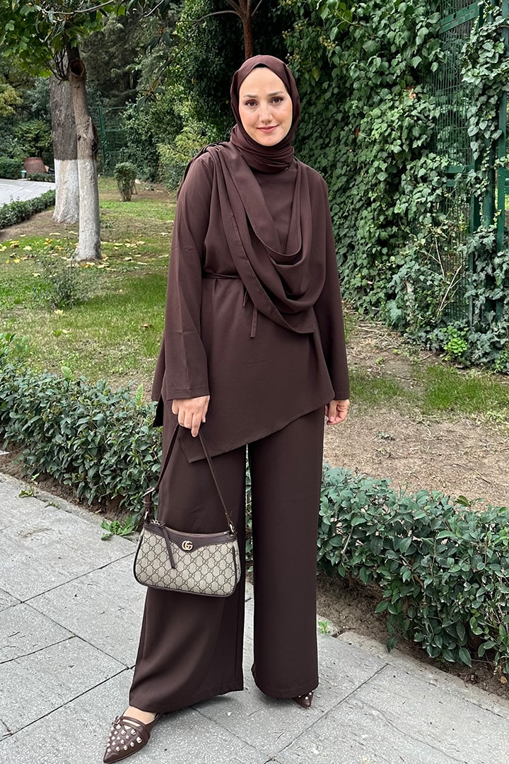 Şal Detaylı Poliviskon Takım - Kahverengi