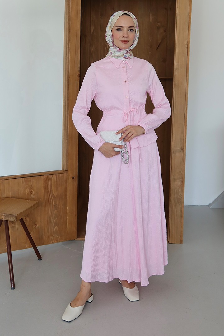 Bel Büzgü Detaylı Etekli Takım - Pembe