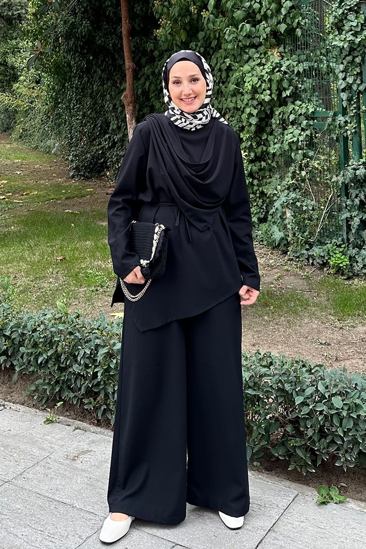 Şal Detaylı Poliviskon Takım - Siyah