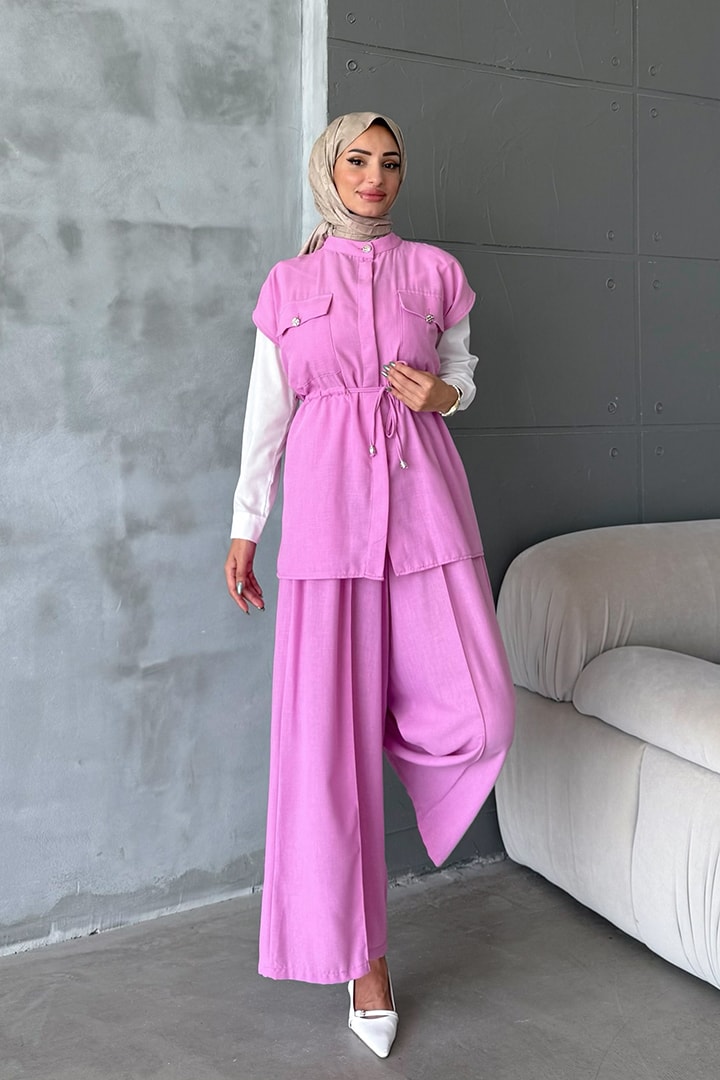 Yelekli Keten 3lü Takım