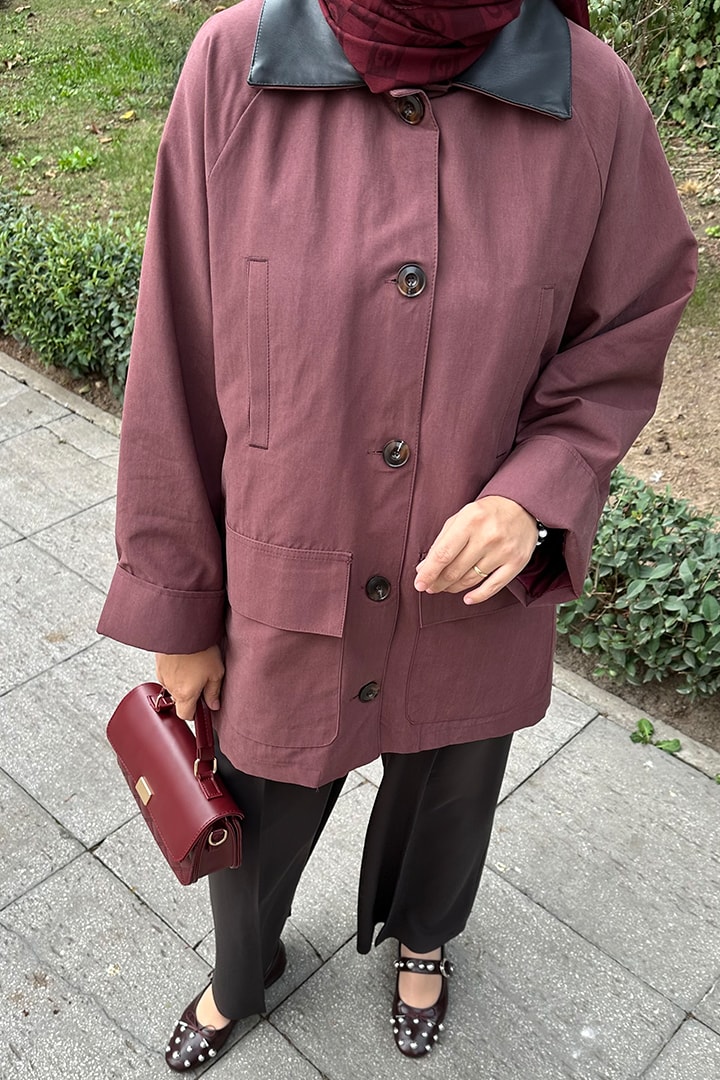 Deri Yaka Detaylı Bondit Trenç