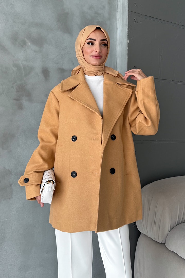 Premium Kruvaze Kaşe Kaban - Camel