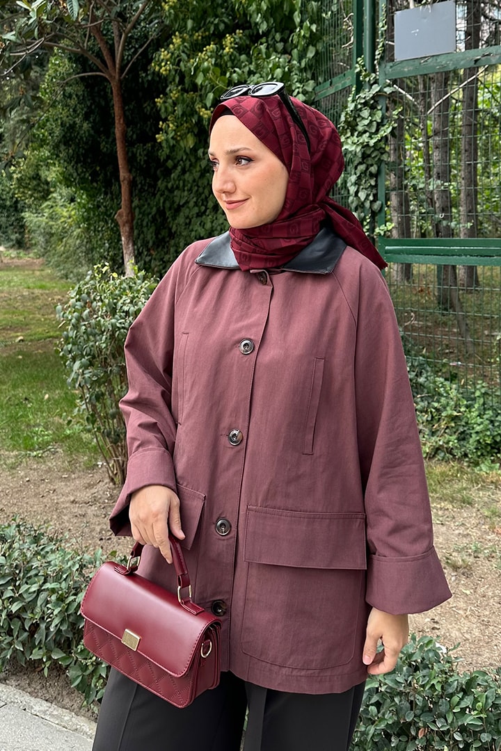 Deri Yaka Detaylı Bondit Trenç