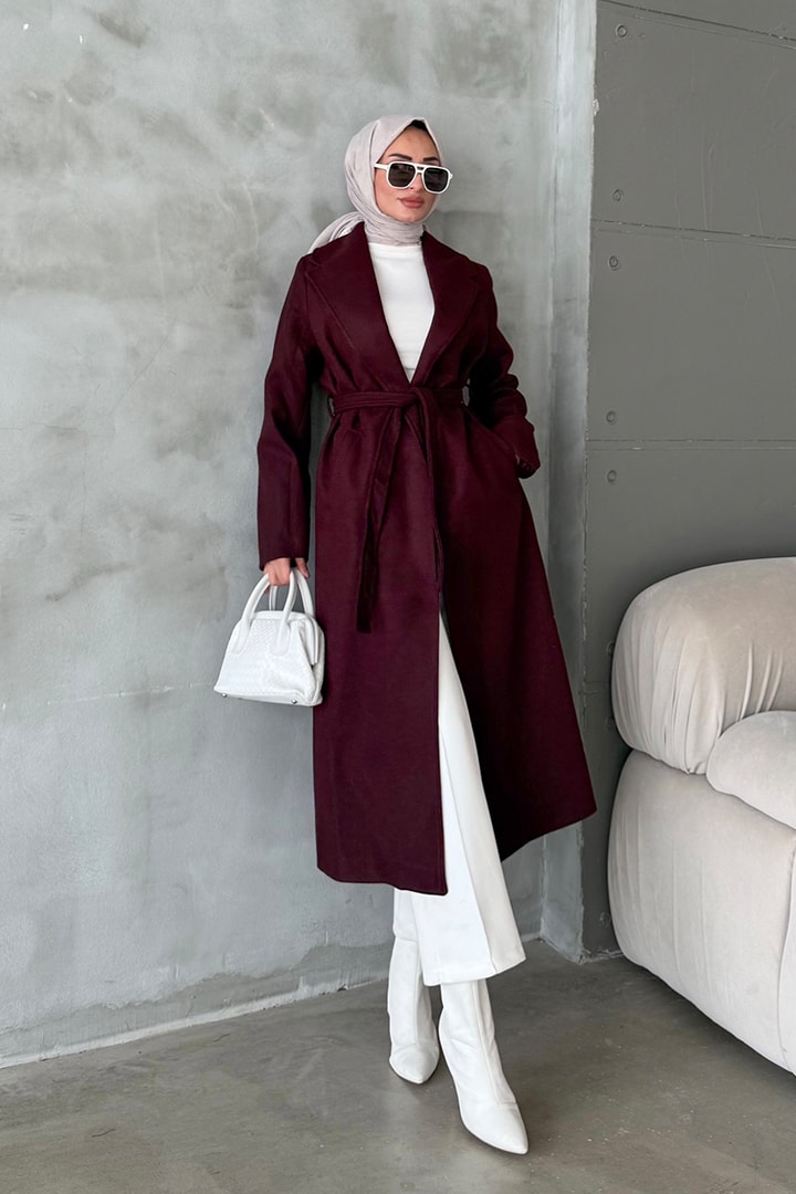 Düz Kapama Kaşe Kaban - Mürdüm