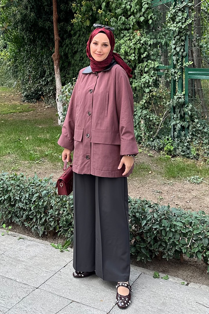 Deri Yaka Detaylı Bondit Trenç