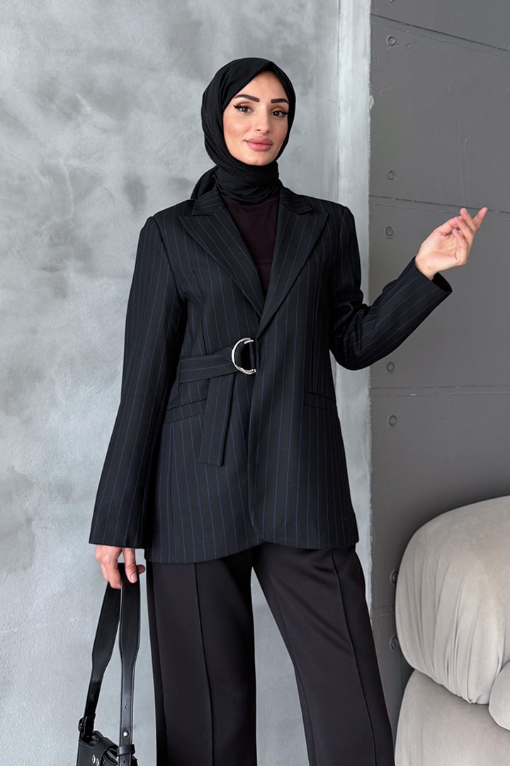 Bağcıklı Ceket Siyah-Mavi