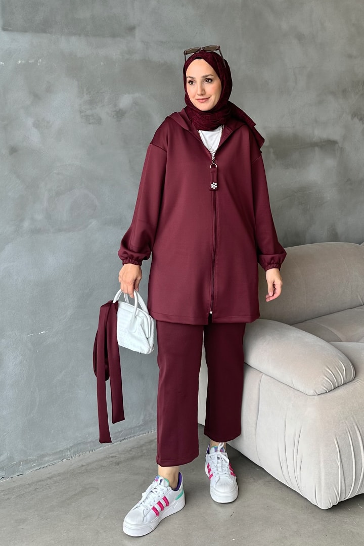 Premium Fermuarlı Scuba Takım - Bordo