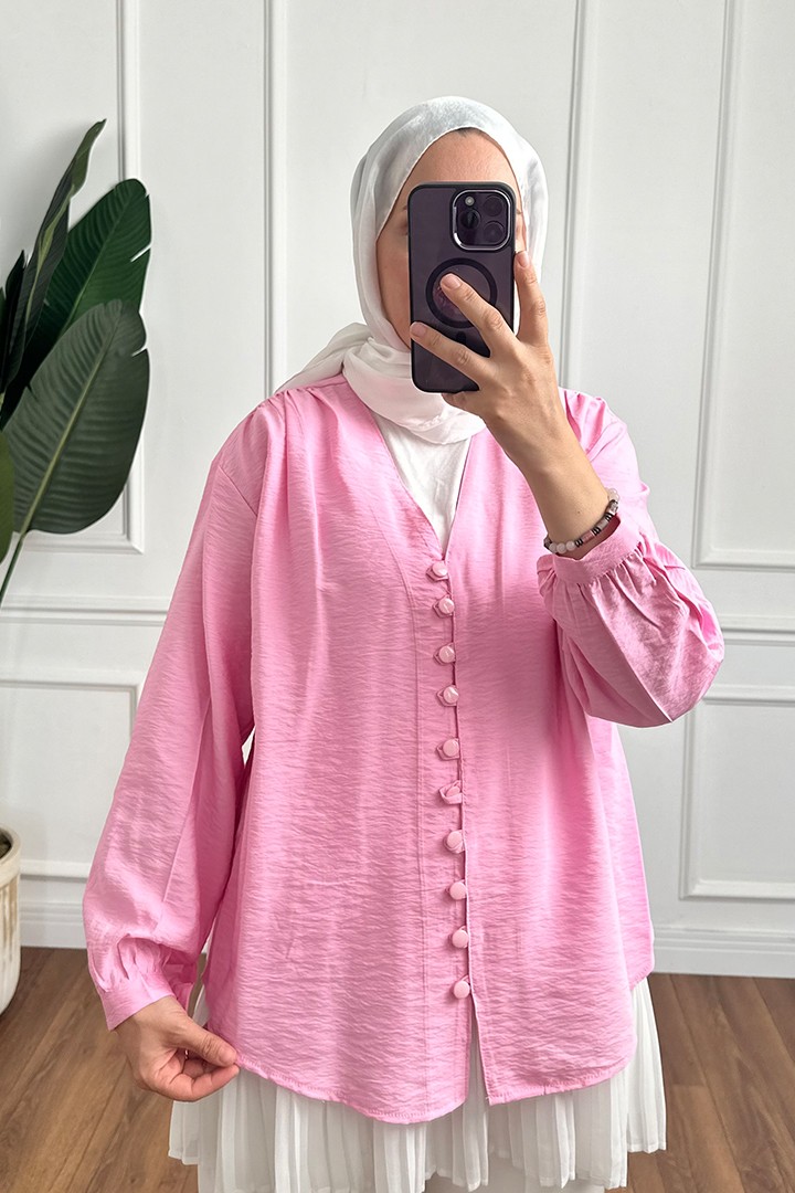 V Yaka Gömlek - Pembe
