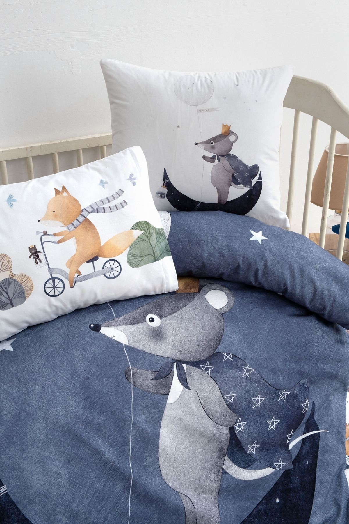 Mibabies; Mouse And Fox, %100 Pamuk Bebek Odası Seti: Nevresim Takımı, Kırlent Kılıfı, 3'lü Tablo