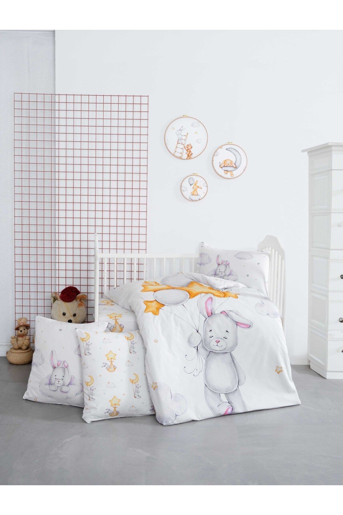 Mibabies; Cute Rabbit, Bebek Odası Seti: Nevresim Takımı, Kırlent, Duvar Süsü, %100 Pamuk,